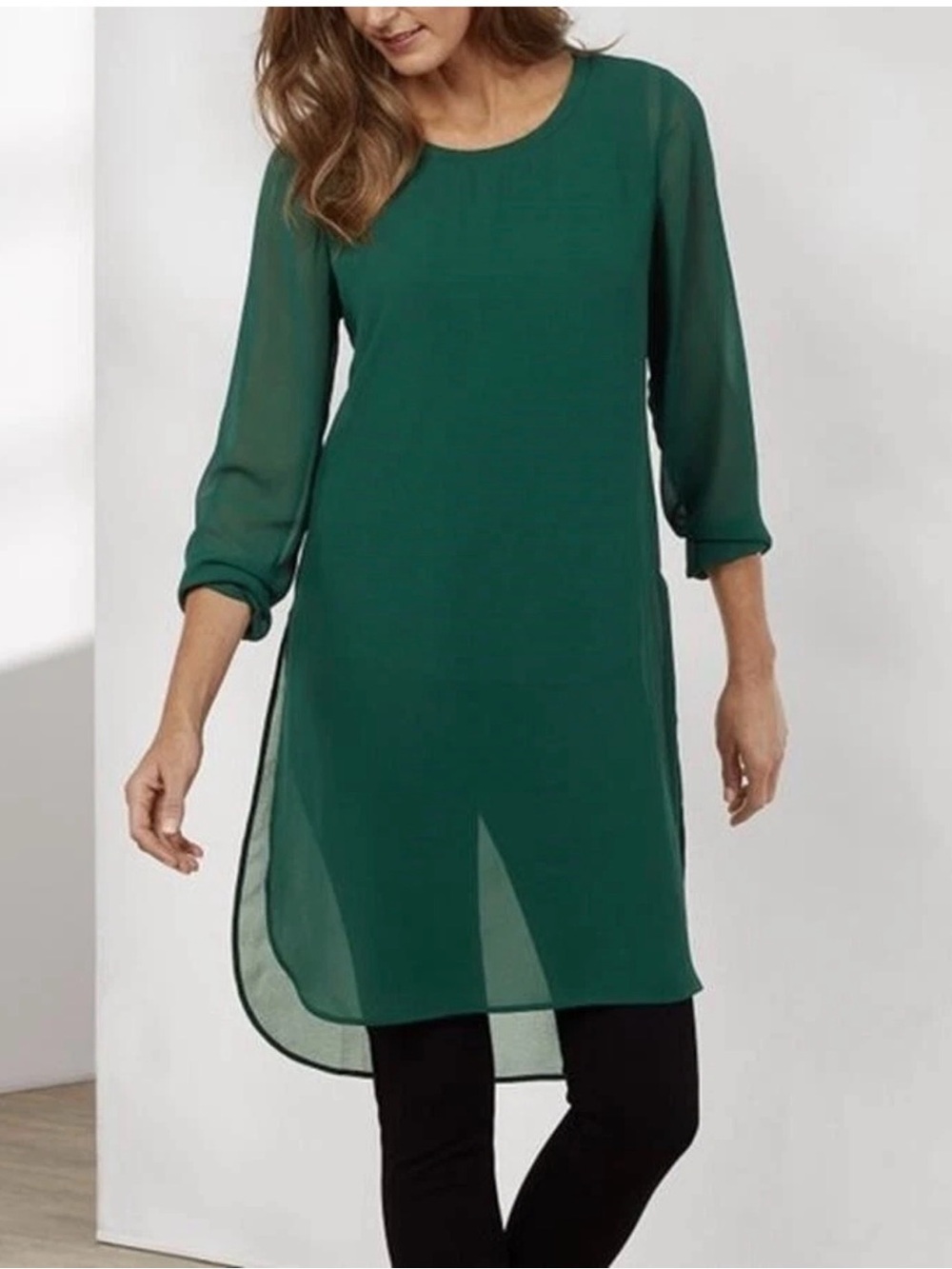 SOFT SURROUNDINGS Evergreen Emerald RELAXED ELEGANCE TUNIC Chiffon Side-Slits L